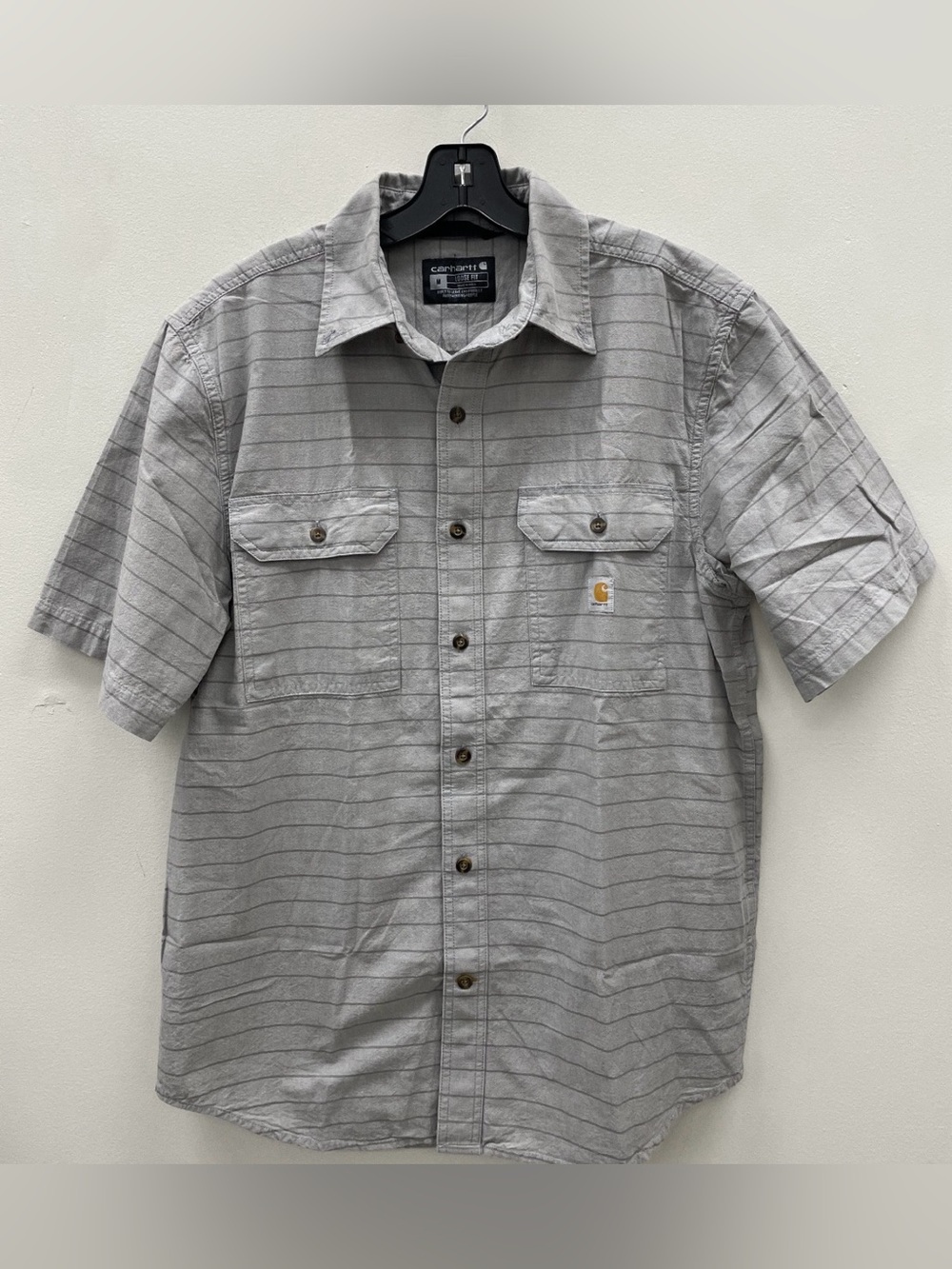 Carhartt Men's Short-Sleeve Light Gray Striped Button-Down Work Shirt
